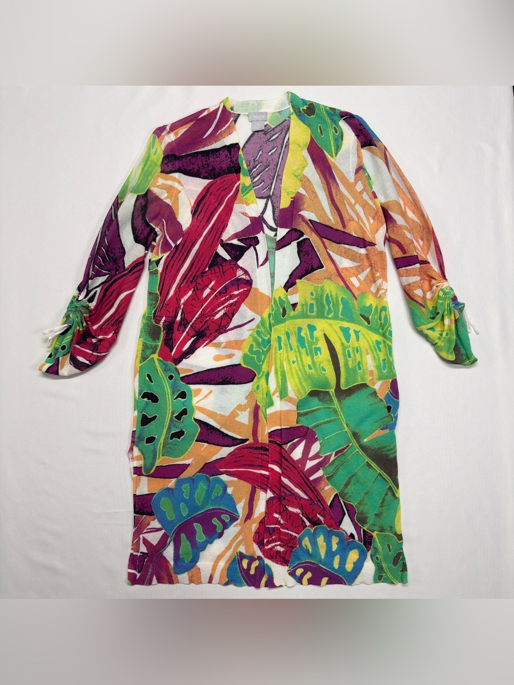Chico's White Cardigan with Purple and Green Botanical Accents